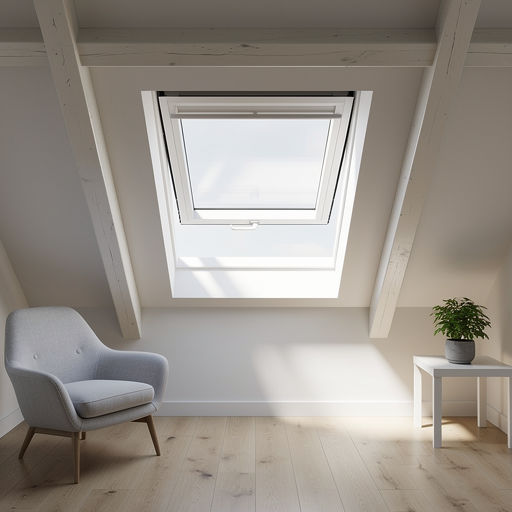 Interieur van zolder met open wit kunststof dakraam en zacht daglicht van boven.