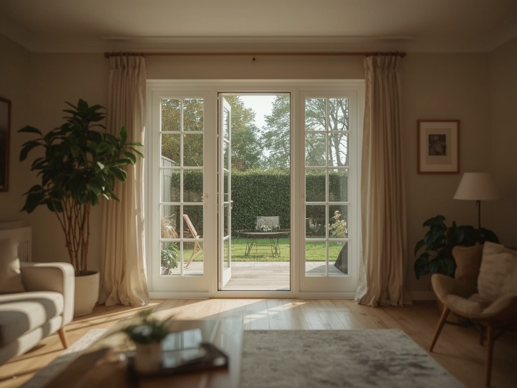 Witte kunststof achterdeur met glas en uitzicht op zonnig terras.