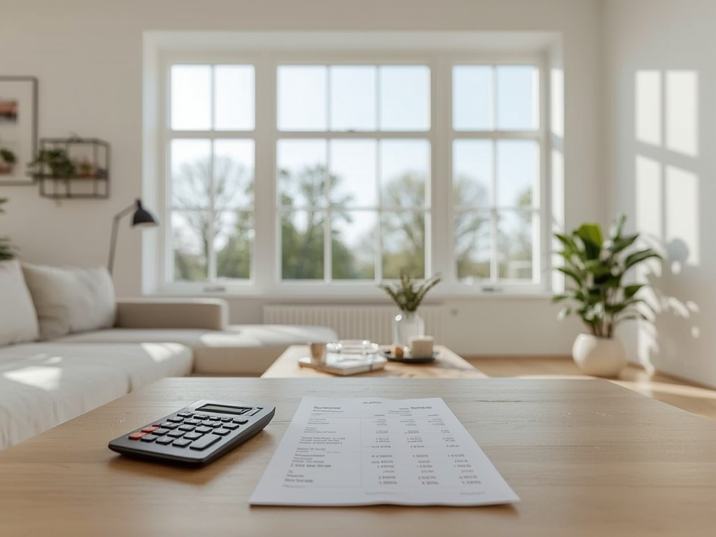 Woonkamer in Hoorn met groot wit kunststof kozijn en calculator op tafel.
