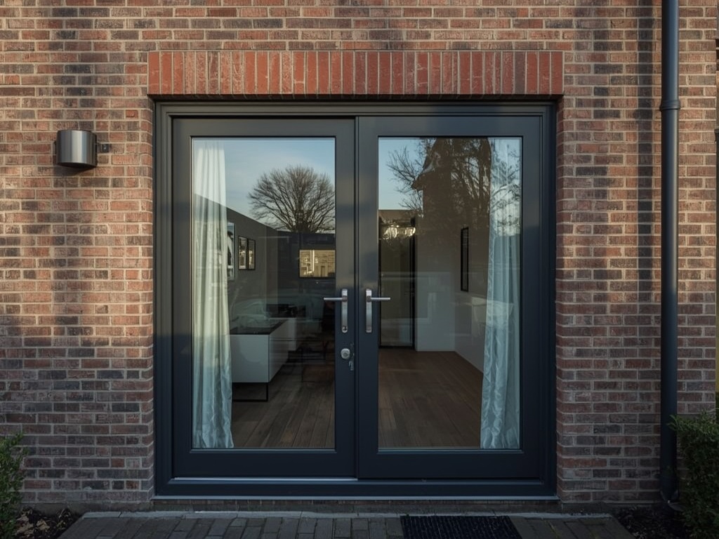Tweedelige antraciet kunststof schuifpui in moderne gevel met glas.