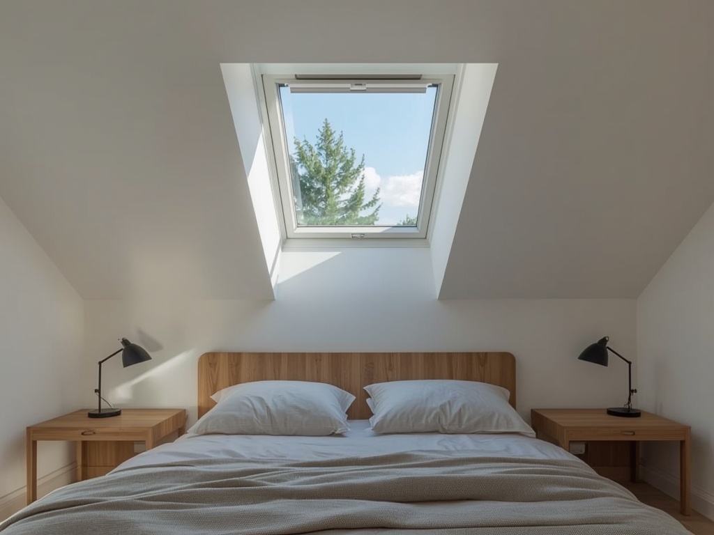 Modern slaapkamer met gesloten wit kunststof dakraam en bed onder het raam.