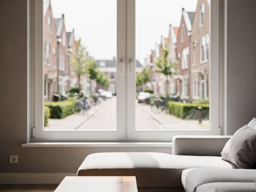 Uitzicht vanuit een woonkamer in Hoorn door een wit kunststof kozijn naar de straat