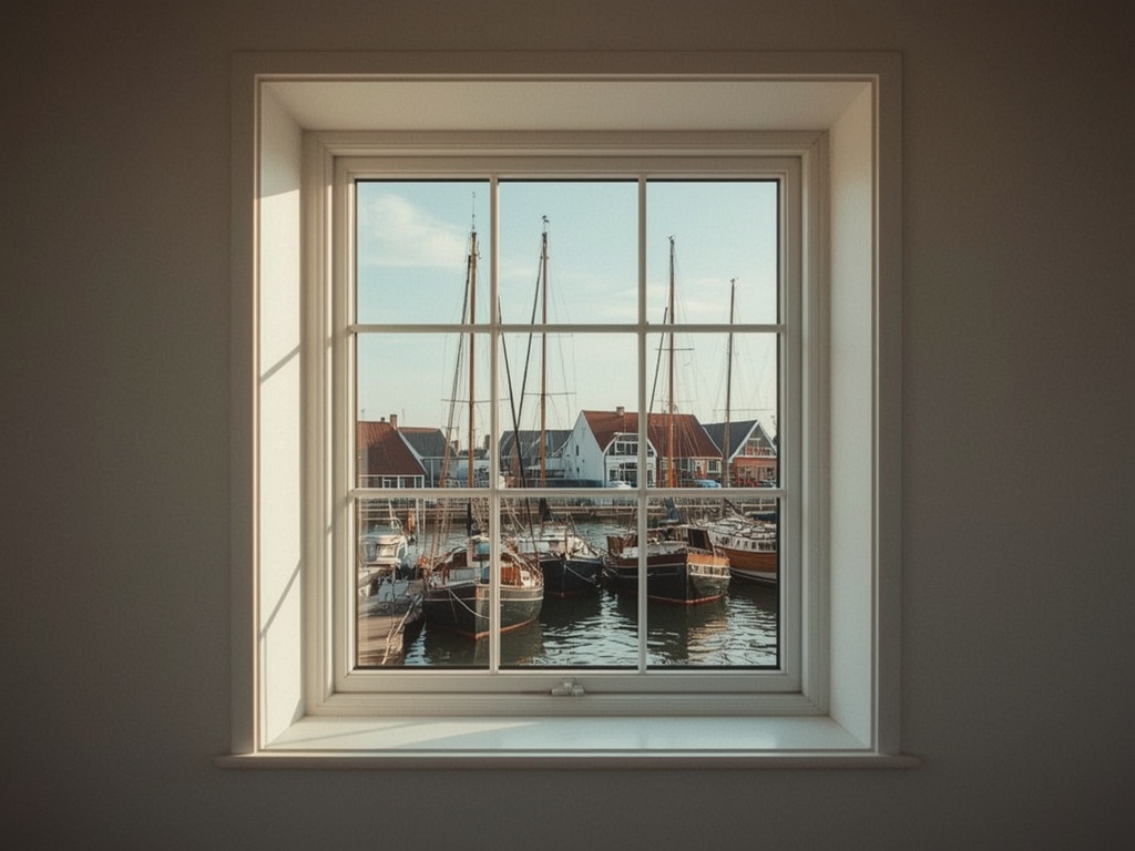 Uitzicht vanuit een woonkamer in Blokker door een groot kunststof schuifpui naar de tuin met appelbomen
