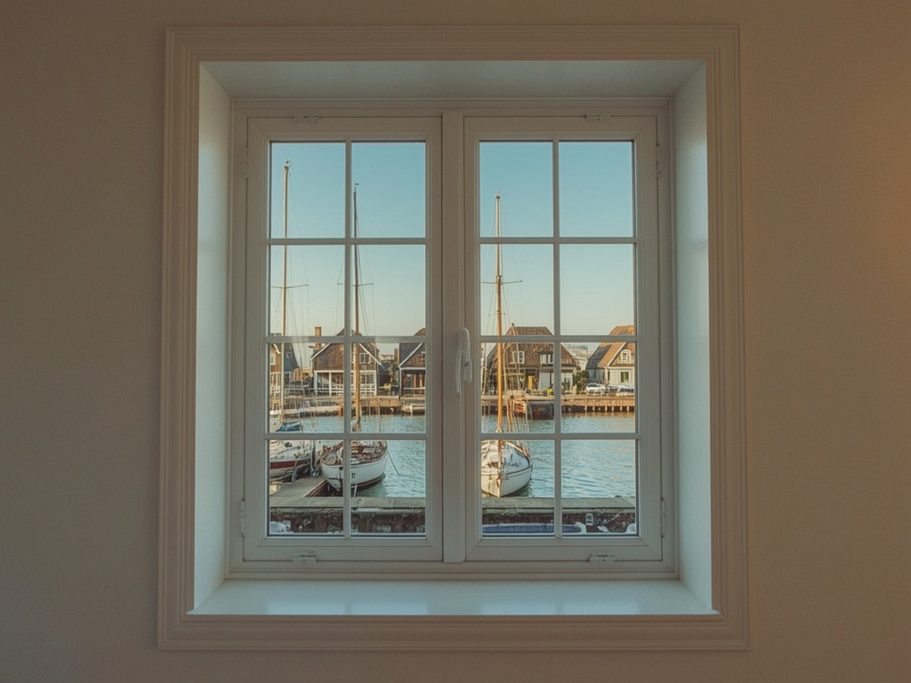 woonkamer in Enkhuizen met uitzicht door een kunststof raamkozijn op de historische haven