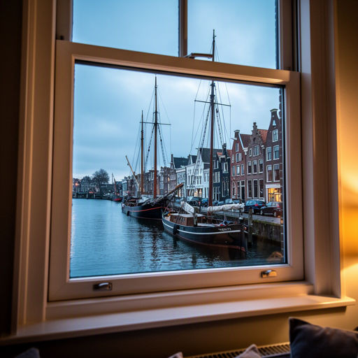 interieurzicht vanuit een woonkamer in Venhuizen door een groot wit kunststof raamkozijn richting het water van het Markermeer met zeilboten