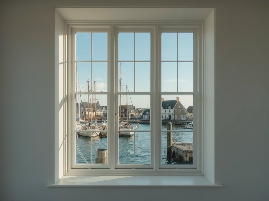 blik vanuit woonkamer in Wijdenes door wit kunststof raamkozijn naar het Markermeer met zeilschepen