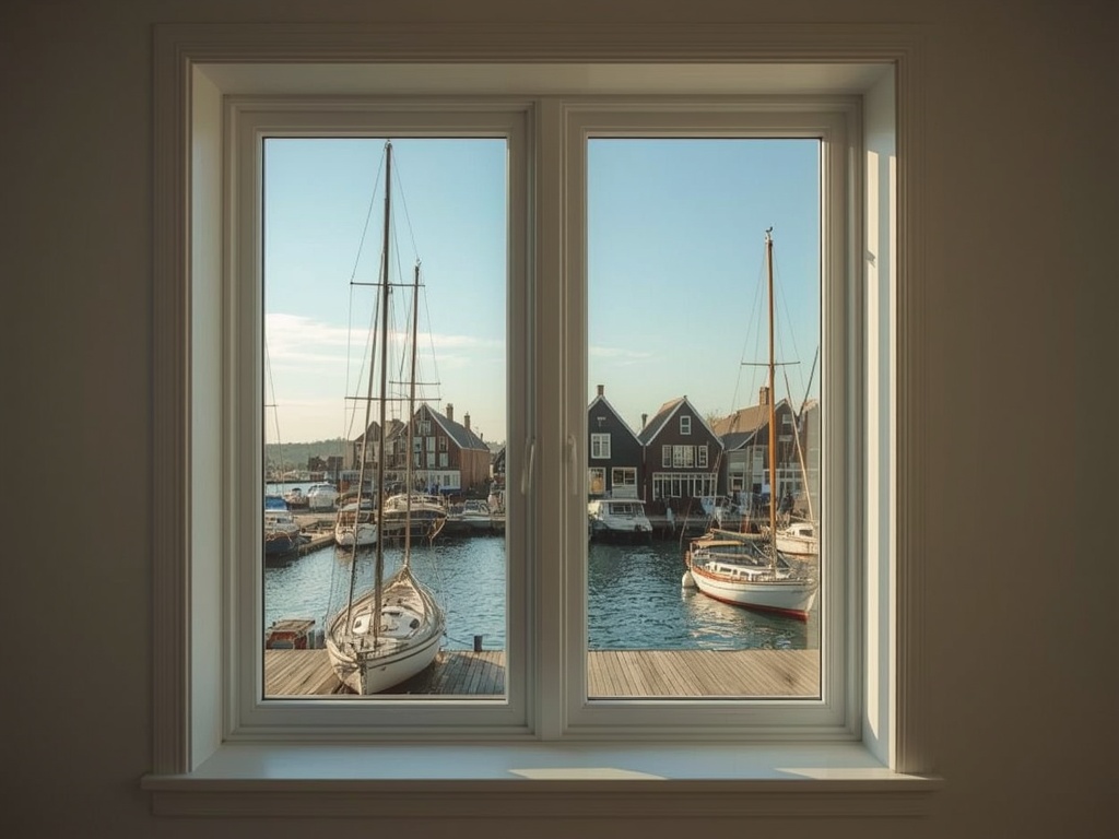 blik vanuit woonkamer in Hoorn door wit kunststof raamkozijn naar de haven met zeilschepen