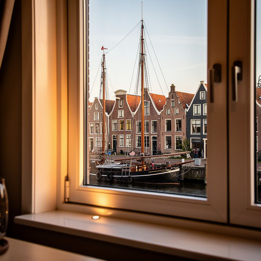 Zicht vanuit woonkamer in Medemblik door kunststof raamkozijn naar de haven met historische zeilschepen