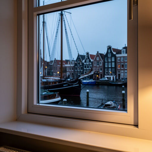 Blik vanuit woonkamer in Nibbixwoud door wit kunststof raamkozijn naar het landelijke achtererf