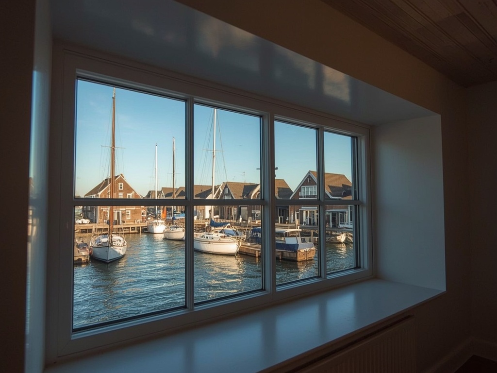 ruim interieur van een Obdamse boerderijwoning met zicht naar buiten door een groot crèmekleurig kunststof kozijn met weids uitzicht over de polder