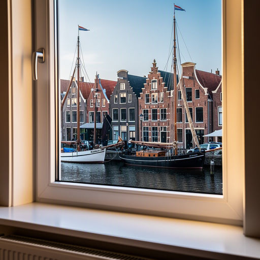 blik vanuit woonkamer in Hoorn door wit kunststof raamkozijn naar de haven met zeilschepen