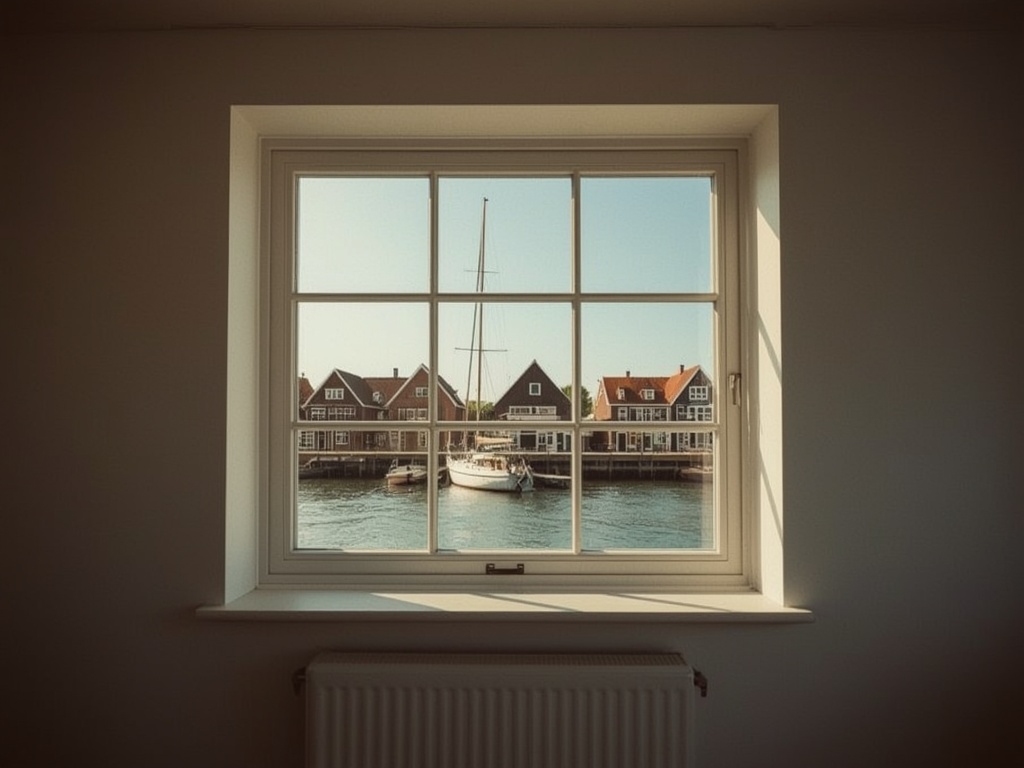 blik vanuit woonkamer in Hoorn door wit kunststof raamkozijn naar de haven met zeilschepen