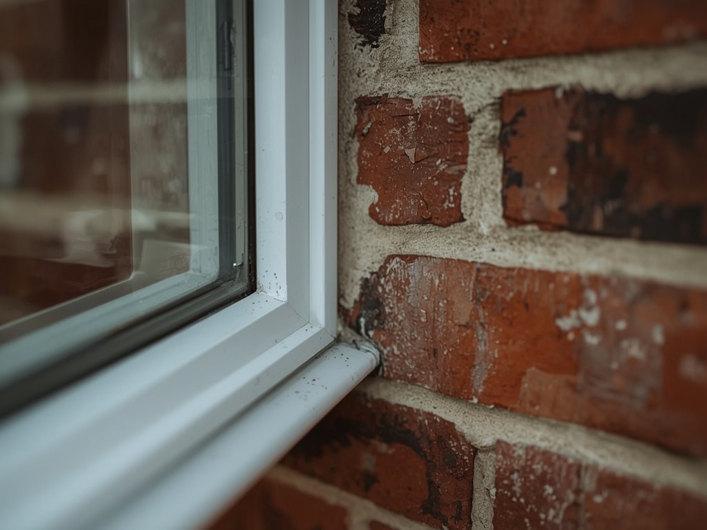 Detailopname hoekverbinding wit kunststof kozijn met rubberen afdichting tegen rode bakstenen muur in Medemblik
