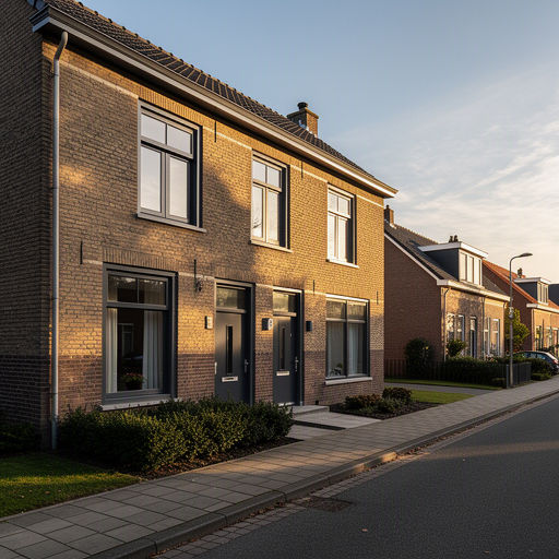 Moderne rijtjeswoning in Nibbixwoud met antraciet grijze kunststof kozijnen en roodbruine bakstenen gevel