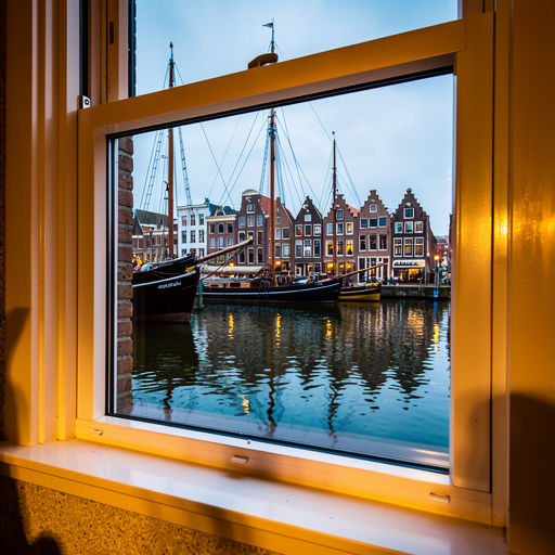 blik vanuit woonkamer in Hoorn door wit kunststof raamkozijn naar de haven met zeilschepen