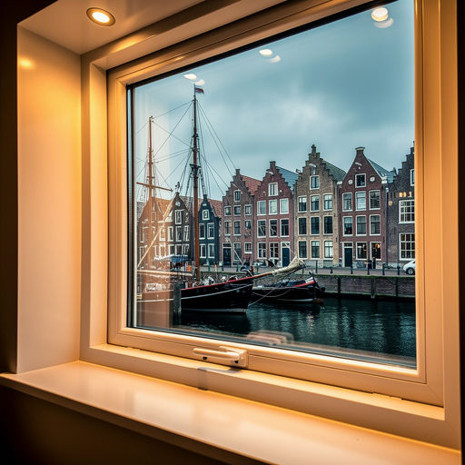 blik vanuit woonkamer in Hoorn door wit kunststof raamkozijn naar de haven met zeilschepen