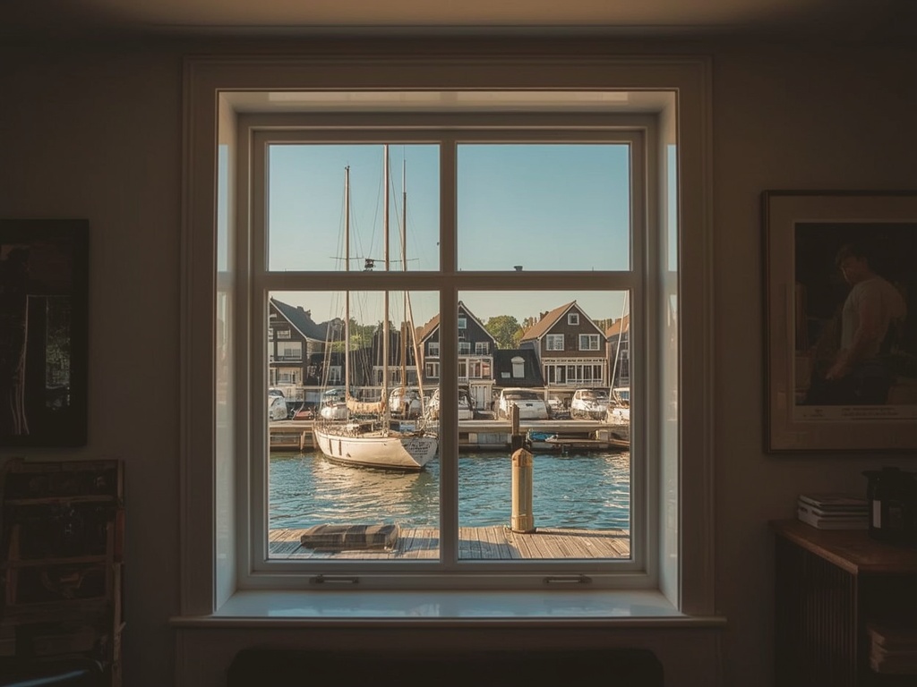 blik vanuit woonkamer in Hoorn door wit kunststof raamkozijn naar de haven met zeilschepen