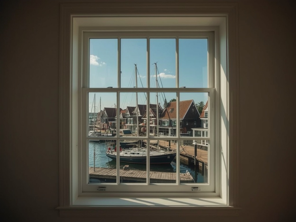 blik vanuit woonkamer in Hoorn door wit kunststof raamkozijn naar de haven met zeilschepen