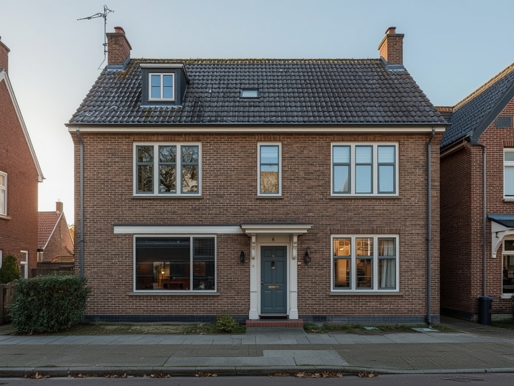 jaren-30-woning in Heerhugowaard met antraciet grijze kunststof kozijnen en bruine bakstenen gevel
