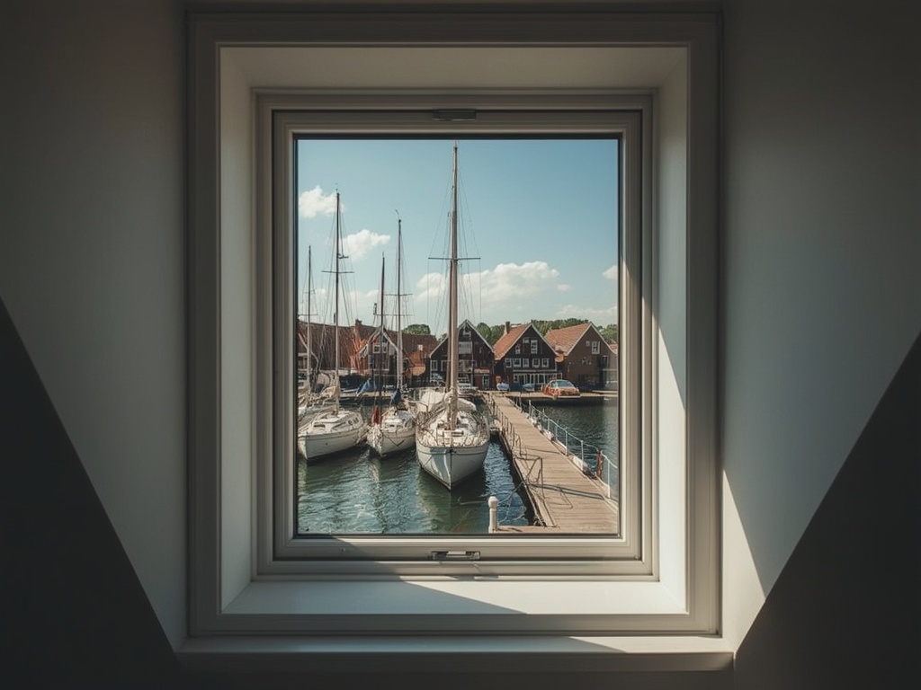 uitzicht vanuit woonkamer in Hoorn door wit kunststof raamkozijn op haven met zeilschepen